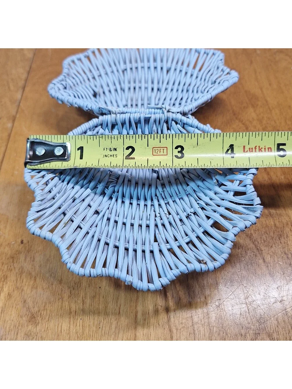 VTG Rattan Clam Shell Basket Coastal Boho Wicker Decor Light Blue 4.5